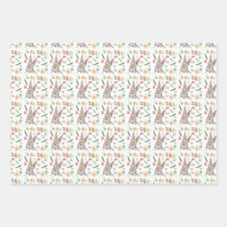 Feuille De Papier Cadeau Bunnies avec fleurs