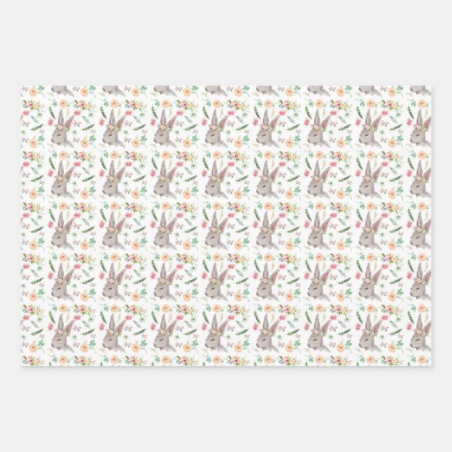 Feuille De Papier Cadeau Bunnies avec fleurs (Devant)