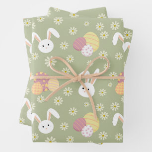 Feuille De Papier Cadeau Bunnies de Pâques, Oeufs et Fleurs Couleurs pastel