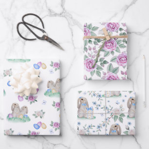 Feuille De Papier Cadeau Bunnies Et Fleurs De Pâques