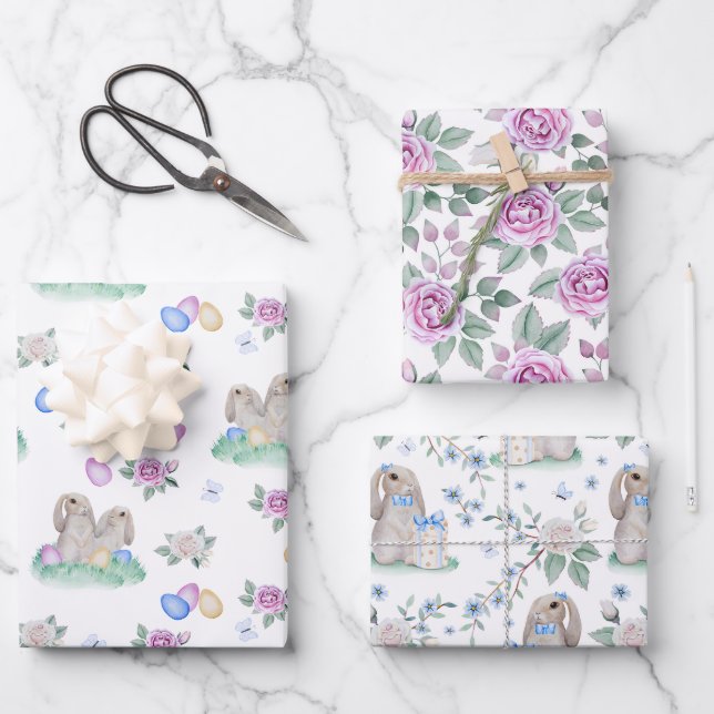 Feuille De Papier Cadeau Bunnies Et Fleurs De Pâques (Recto)