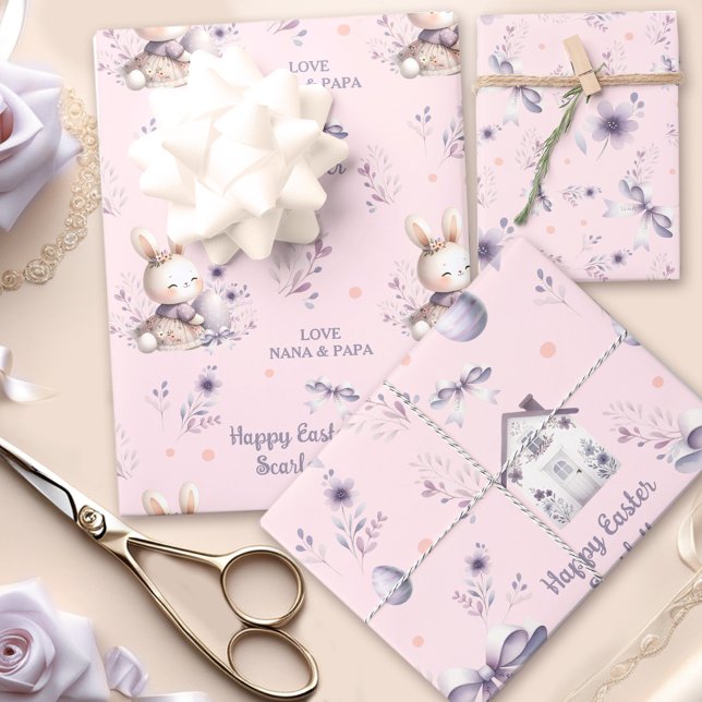 Feuille De Papier Cadeau Bunny de Pâques Nom personnalisé Pink violet (Easter Girl Bunny Personalized Name Pink Purple Wrapping Paper Sheets)