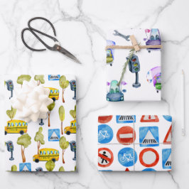 Feuille De Papier Cadeau Bus scolaire de la construction routière