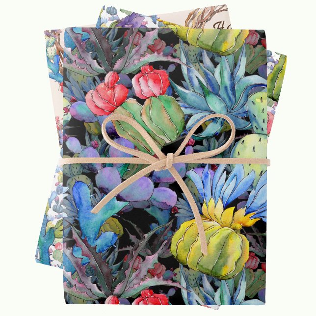 Feuille De Papier Cadeau Cactus Ajouter texte et nom Belle aquarelle 3 (Créateur téléchargé)