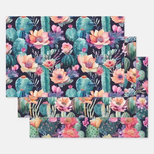 Feuille De Papier Cadeau Cactus du désert grande fleur fleurie sans couture (Lot)