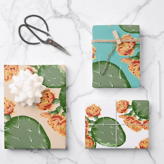 Feuille De Papier Cadeau Cactus et fleurs de poires (Recto)