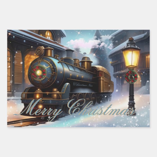 Feuille De Papier Cadeau Cadeau d'aquarelle des trains de Noël (Devant 2)