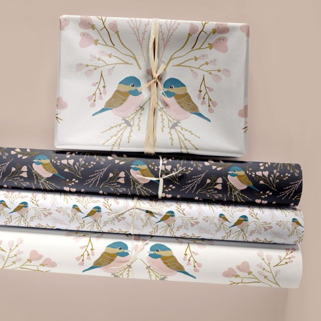 Feuille De Papier Cadeau Cadeau Découpage Trio Chickadee Cute (Cute Pink Gold Blue Chickadee Hearts Floral Wrapping Paper Sheets from Studio Posies.)