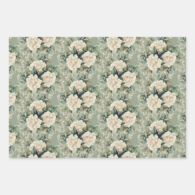 Feuille De Papier Cadeau Cadeau végétal vert Sage blanc (Devant)