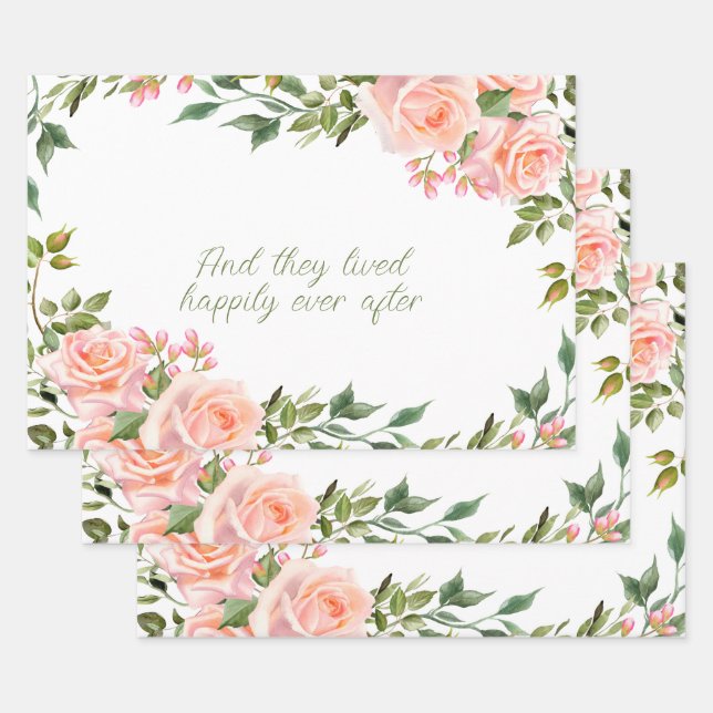 Feuille De Papier Cadeau Cadre de fleurs aquarelles Roses roses  (Lot)