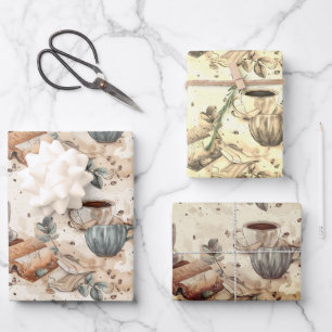 Feuille De Papier Cadeau Café et livres motif aquarelle