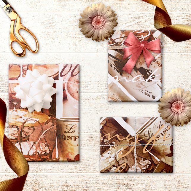 Feuille De Papier Cadeau Café Love Sweet Romantic Paris (Wrapping paper sheets featuring a collage of coffee images and Paris in watercolor style)