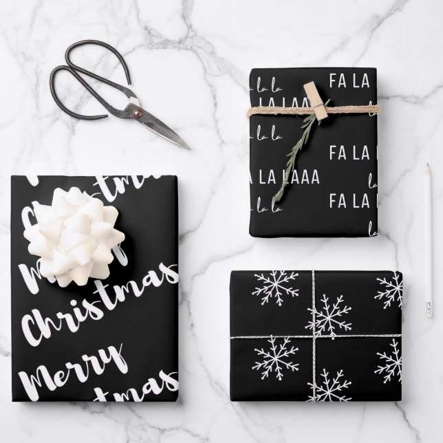 Feuille De Papier Cadeau Calligraphie moderne de Noël noir blanc (Recto)