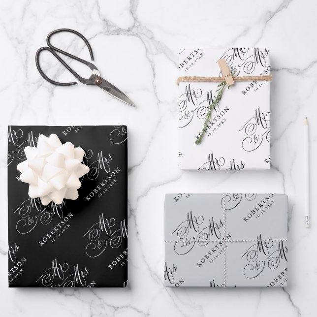 Feuille De Papier Cadeau Calligraphie moderne intemporelle noir & blanc mar (Recto)