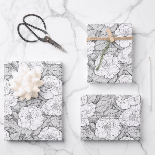 Feuille De Papier Cadeau Camellia en noir et blanc