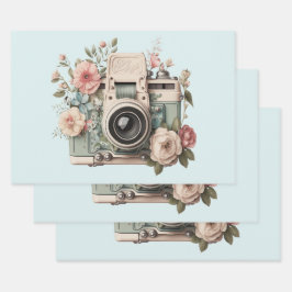 Feuille De Papier Cadeau Camera with Flowers Retro Pastel Image