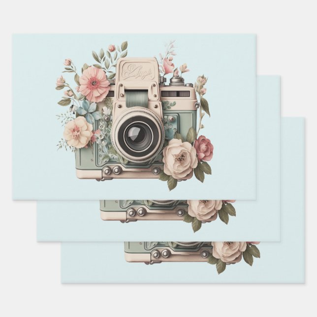 Feuille De Papier Cadeau Camera with Flowers Retro Pastel Image (Lot)