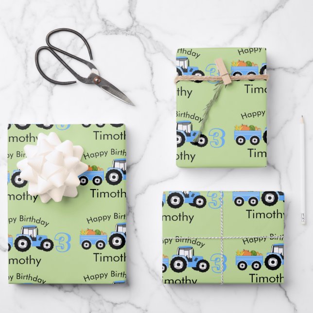 Feuille De Papier Cadeau Camion bleu Ferme de camions Nom et âge (Recto)