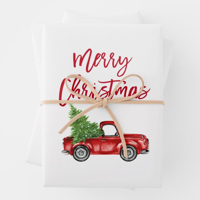 Feuille De Papier Cadeau Camion de Noël à brosse rouge (En situation)