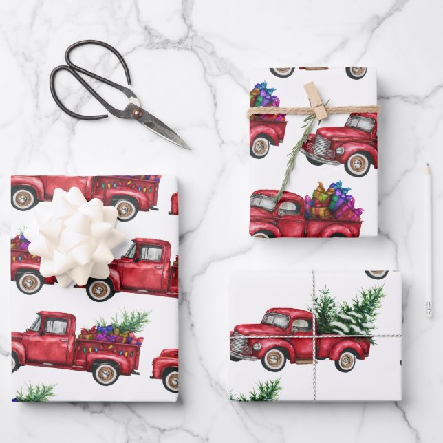 Feuille De Papier Cadeau Camion de Noël, Arbre, Présents  (Recto)