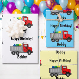 Feuille De Papier Cadeau Camion Red Dump Anniversaire Nom du garçon et cade