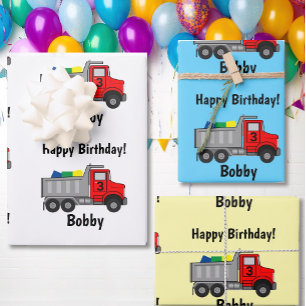 Feuille De Papier Cadeau Camion Red Dump Anniversaire Nom du garçon et cade