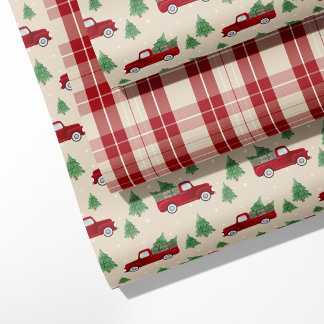 Feuille De Papier Cadeau Camion Rouge Rustique & Carreaux de Noël