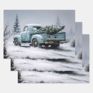 Feuille De Papier Cadeau Camion turquoise vintage avec arbre de Noël