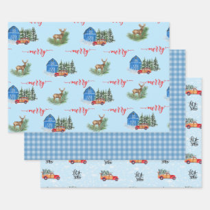 Feuille De Papier Cadeau Camion Vintage Pays, Grange, Cerfs & Buffalo Plaid