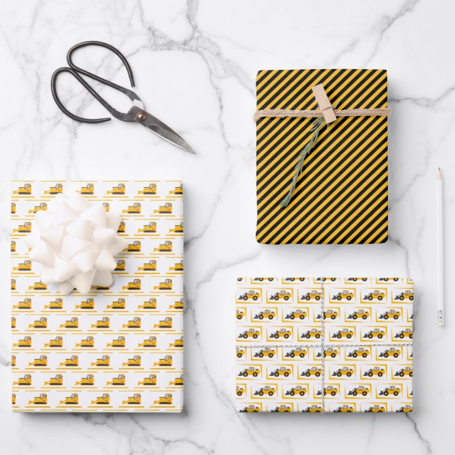 Feuille De Papier Cadeau Camions de construction et Bulldozer Anniversaire (Recto)