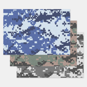 Feuille De Papier Cadeau Camouflage bleu gris vert Pixel