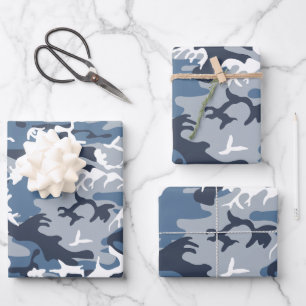 Feuille De Papier Cadeau Camouflage neige hivernale bleue, Militaire, Armée