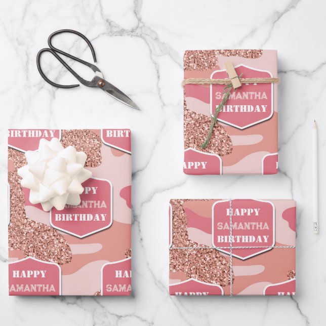 Feuille De Papier Cadeau Camouflage Rose Gold Blush Pink Camo Anniversaire  (Recto)