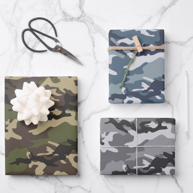 Feuille De Papier Cadeau Camouflage vert, bleu et gris (Recto)