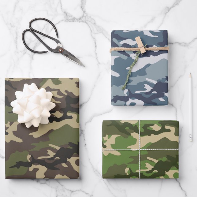 Feuille De Papier Cadeau Camouflage vert, bleu et vert herbe (Recto)
