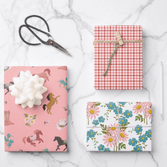 Feuille De Papier Cadeau Campagne - Chevaux et marguerites (Recto)