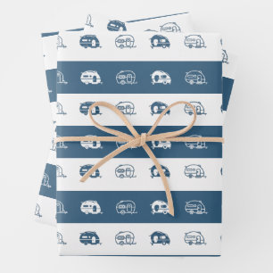 Feuille De Papier Cadeau Campeurs RV rétro amusants en bleu et blanc