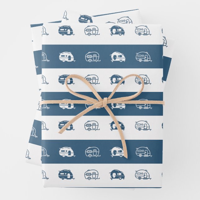 Feuille De Papier Cadeau Campeurs RV rétro amusants en bleu et blanc (En situation)