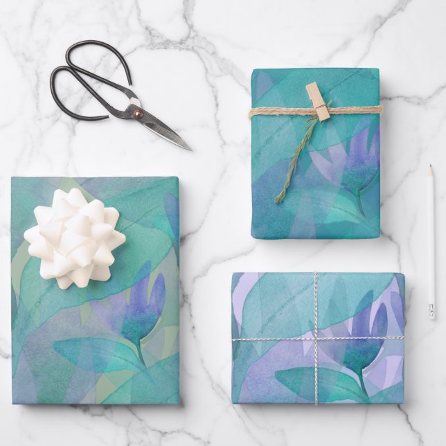 Feuille De Papier Cadeau Caraibes bleu vert Aquarelle Fleurs d'émerveilleme (Recto)