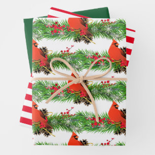 Feuille De Papier Cadeau Cardinal de Noël festif avec verdure des Fêtes