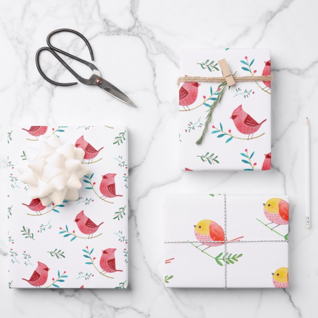Feuille De Papier Cadeau Cardinal joli bois rouge oiseaux cadeau de Noël (Recto)