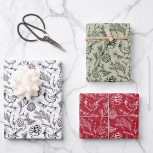 Feuille De Papier Cadeau Cardinal, Pinecones, Aiguilles de pin et Berries d