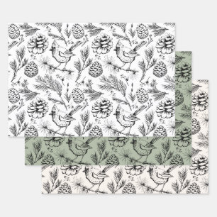 Feuille De Papier Cadeau Cardinal, Pinecones, Aiguilles de pin et Berries d