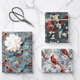 Feuille De Papier Cadeau Cardinaux Rouges Baies d'Hiver