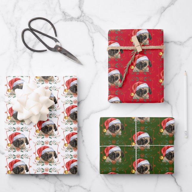 Feuille De Papier Cadeau Carlin de Noël Motif chien (Recto)