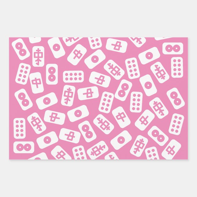 Feuille De Papier Cadeau Carreaux de Mahjong blancs sur rose, marron et noi (Devant)