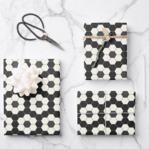 Feuille De Papier Cadeau Carreaux hexagones géométriques noirs et blancs 