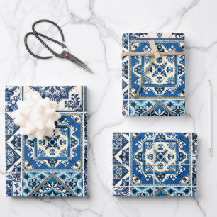 Feuille De Papier Cadeau Carreaux Méditerranéens, Portugais, Azulejo, Majol