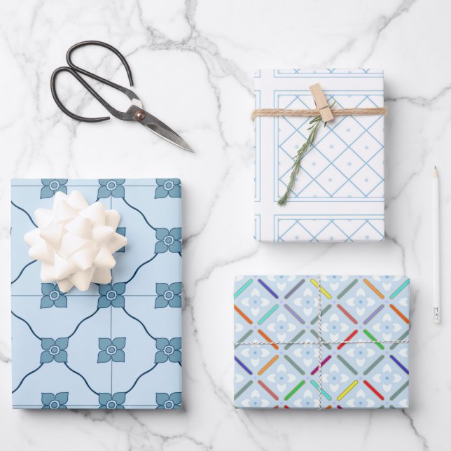 Feuille De Papier Cadeau Carrelage bleu clair et blanc orné (Recto)