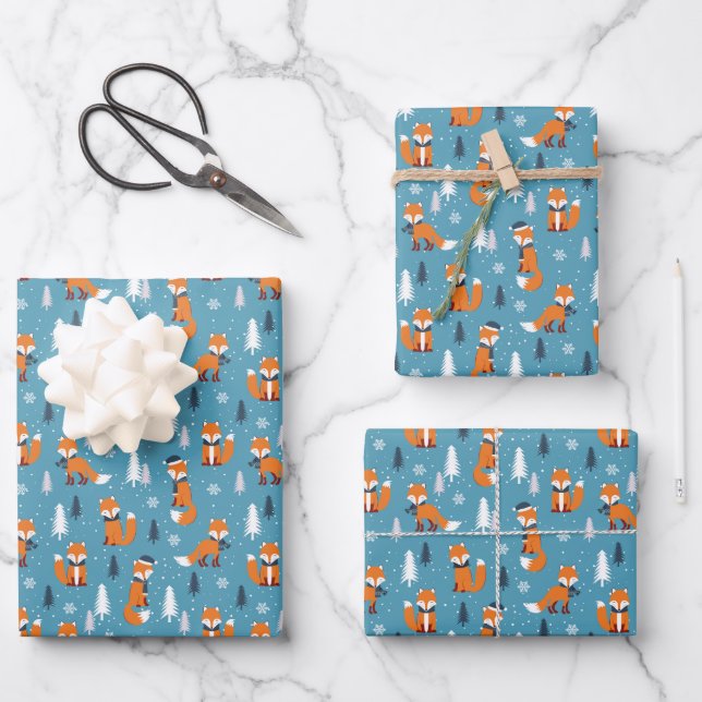 Feuille De Papier Cadeau carrelage festif Renard de Noël (Recto)